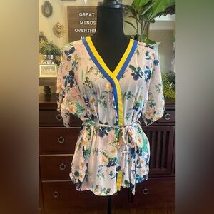 Anthropologie Rdalamal Pink Floral Wrap Blouse with Sporty Trim Accents